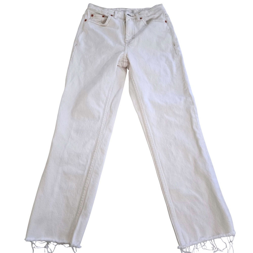 Topshop Straight Leg Jeans Womens 26 White Denim Raw‎ Hem High Rise Casual 26x27